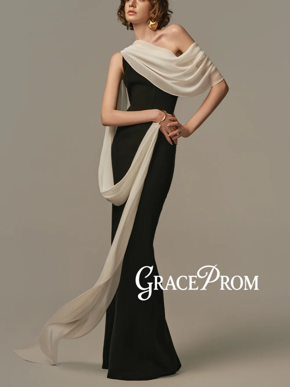 Formal Gala Wear Women - エレガントなツートーンのイブニングドレスシンプルなワンショルダードレープ流れるようなサッシュカスタマイズされたプロムドレスファッショナブルなパーティーガラス女性用ウェア