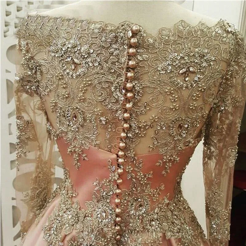 Women Formal Wear Dubai - ブラッシュローズゴールドのロングスリーブイブニングドレス、女性用レースアップリケクリスタルアビエ、ドバイカフタン、ムスリムプロムパーティガウン