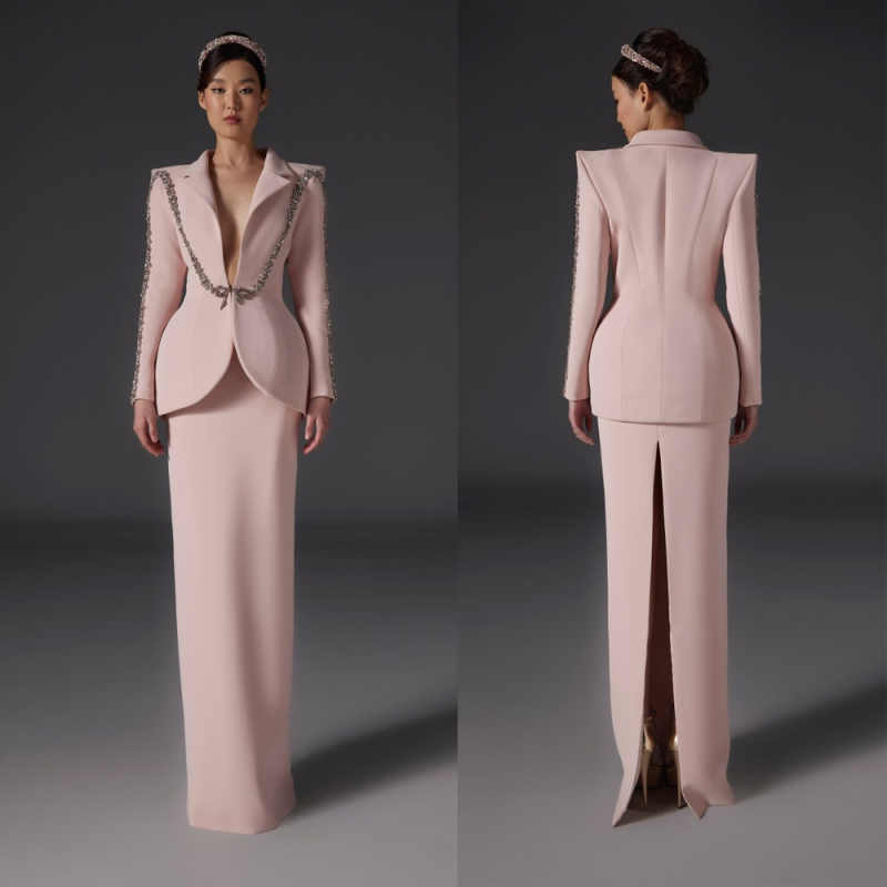 Women Formal Wear With Tie - 卒業式ガールズブレザードレスセットカスタマイズされた女性用クリスタルビーズ装飾プロムイブニングゲストフォーマルウェア写真撮影用2ピース