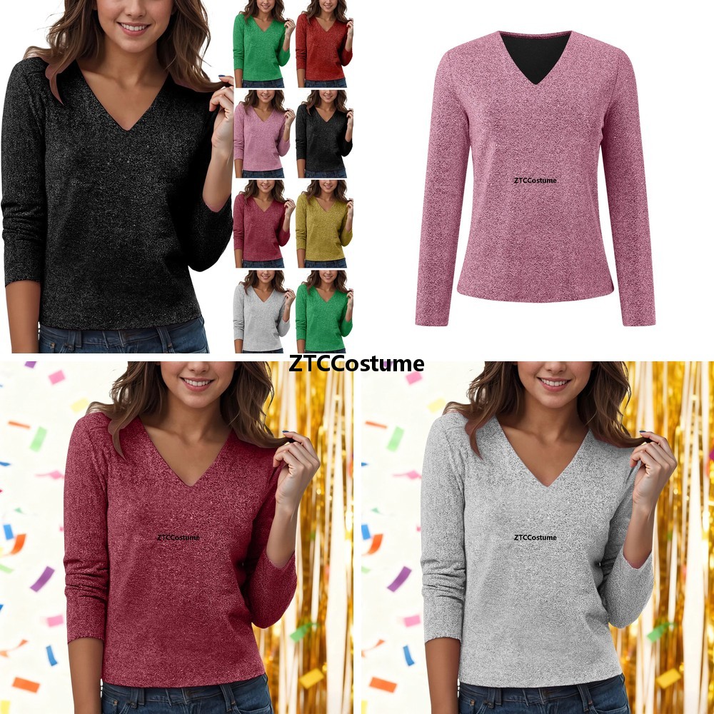 Women Formal Blouses For Evening Wear - コスプレ用スパンコールVネック長袖ブラウス、エレガントなグリッターパーティーフォーマルイブニングウェアTシャツ（女性用）