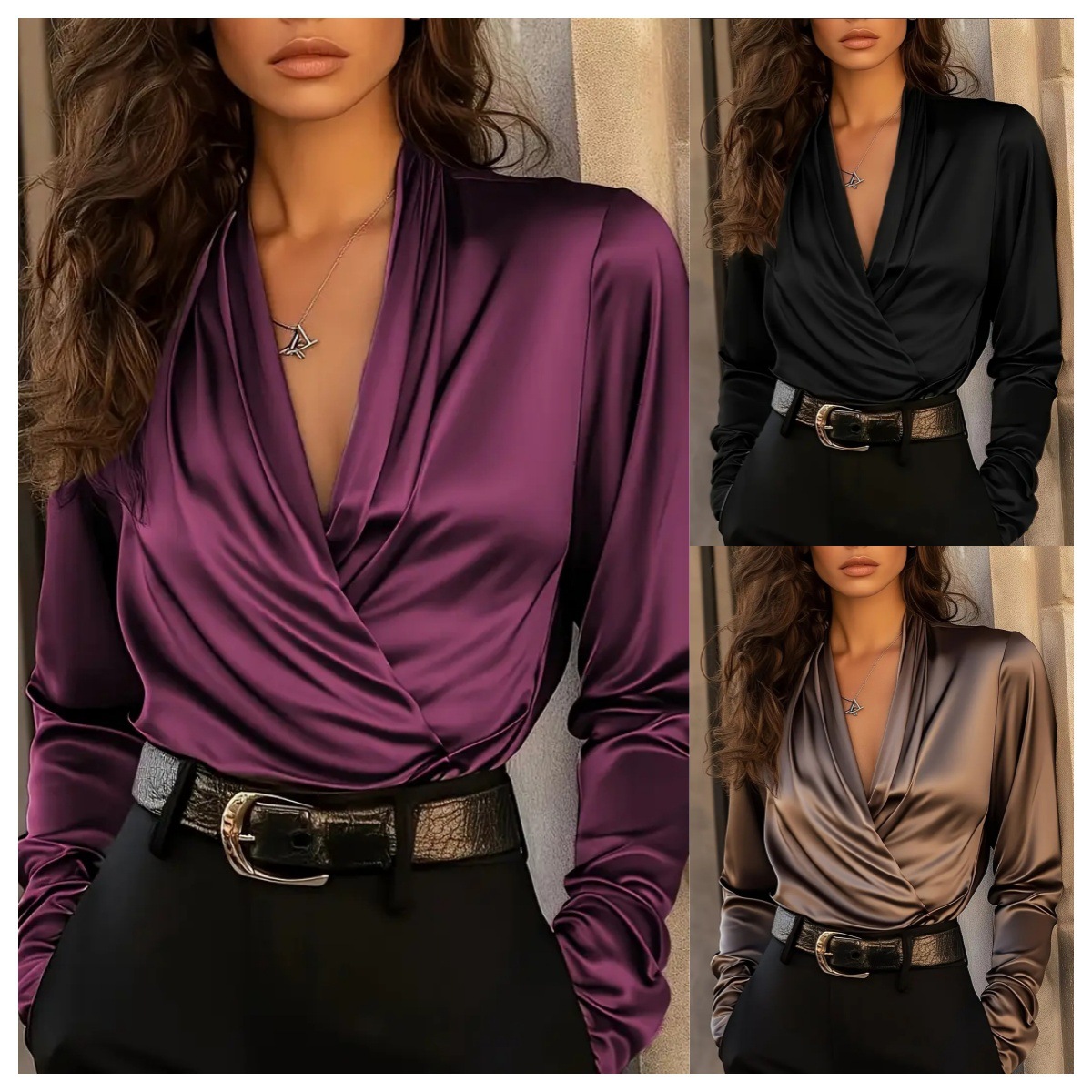Women Formal Blouses For Evening Wear - レディース サテン ラップ Vネック 長袖ブラウス シックで成熟したスタイル