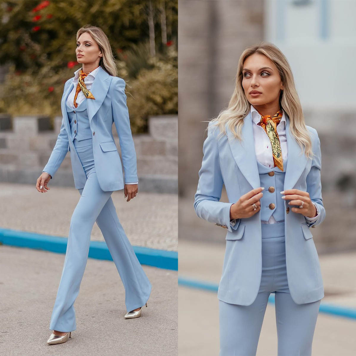 Women Formal Wear With Tie - 女性フォーマルスーツ スカイブルー ピークドラペル レディース スリムフィット パーティー