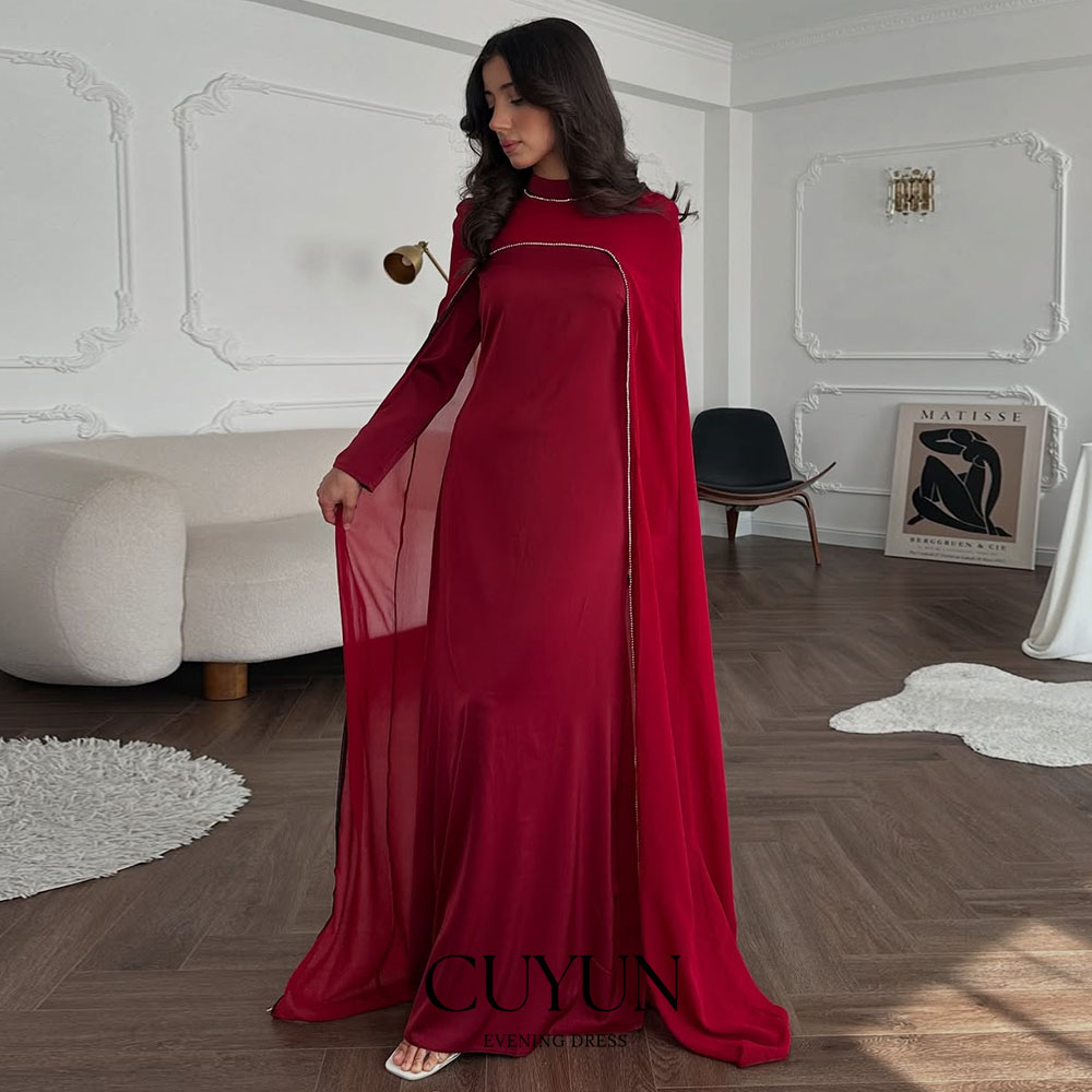Women Formal Wear Dubai - CUYUN レッドサウジ女性用イブニングドレス、ショール付き、カスタマイズされた長袖、ドバイ女性用パーティードレス、フォーマルな宴会ディナーウェア