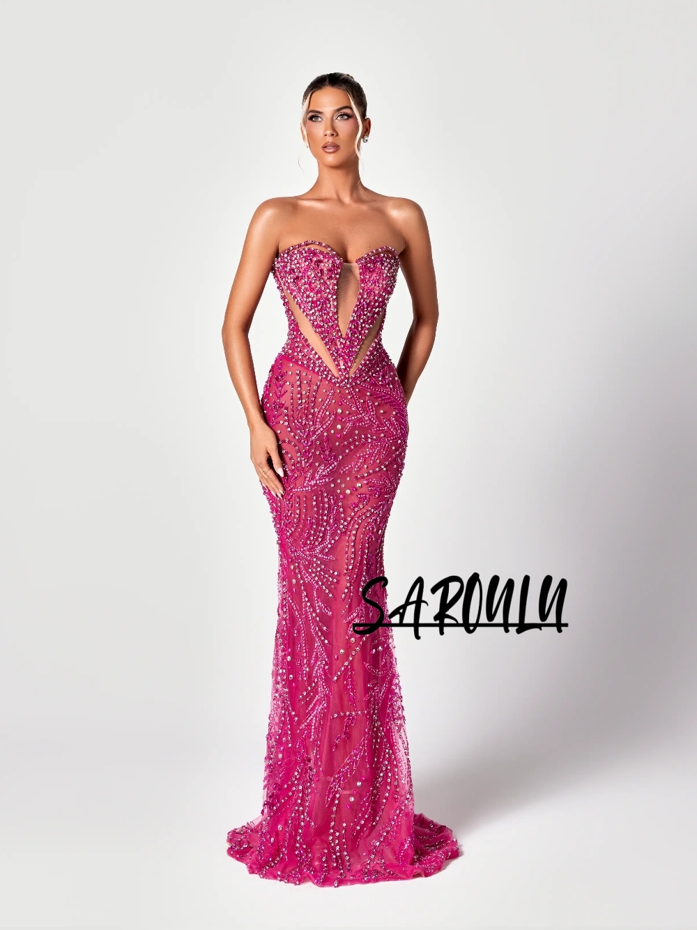 Formal Gala Wear Women - フクシアカットアウト甘いイブニングドレスイリュージョンレースアップバック絶妙なガラス女性カスタマイズされたクリスタル人気のマーメイドパーティーウェア
