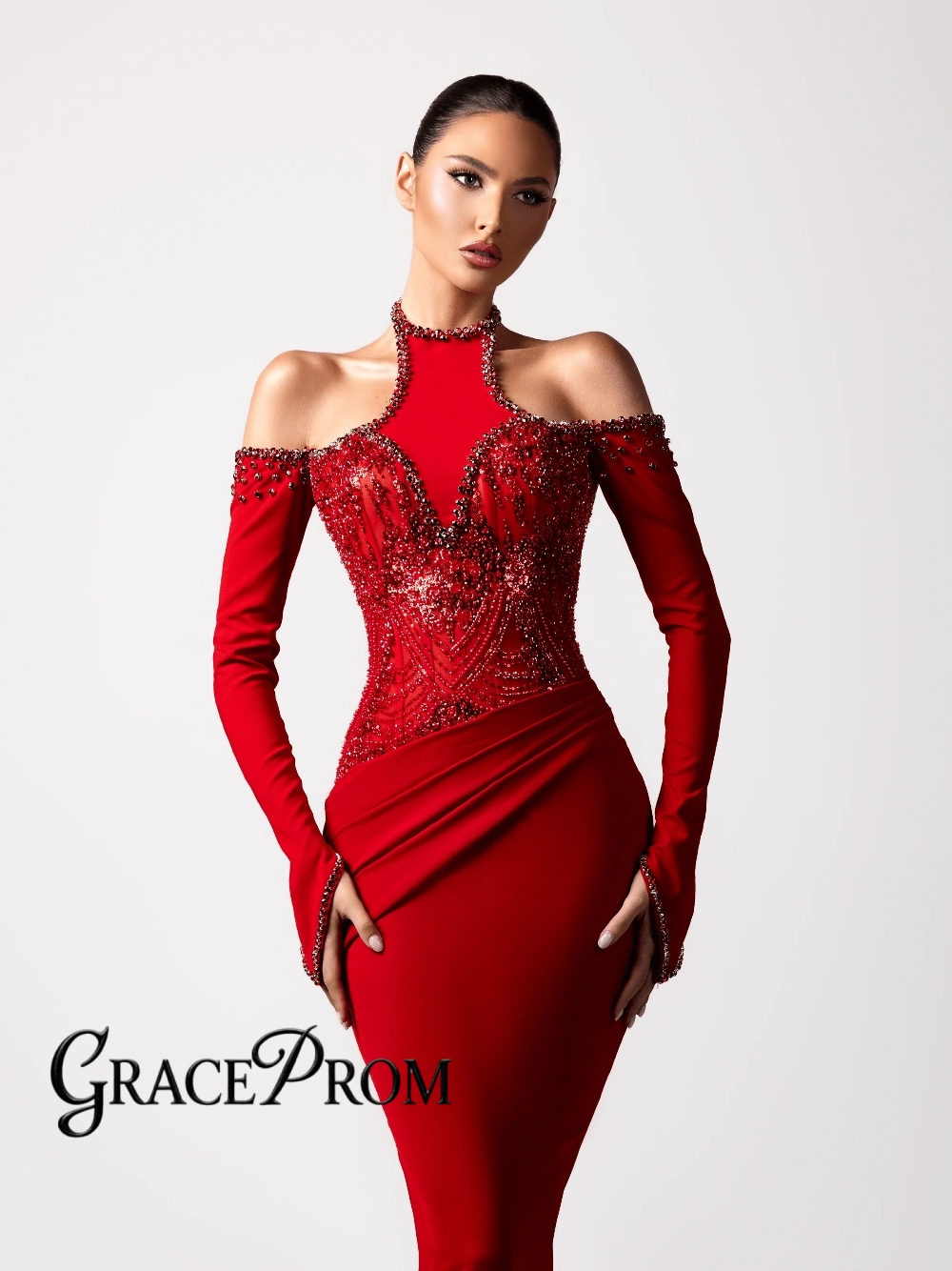 Formal Gala Wear Women - 赤いセクシーなホルターイブニングドレス最新のカスタマイズされたボディコンプリーツビーズカクテルドレス魅力的なモダンな宴会ガラス女性着用