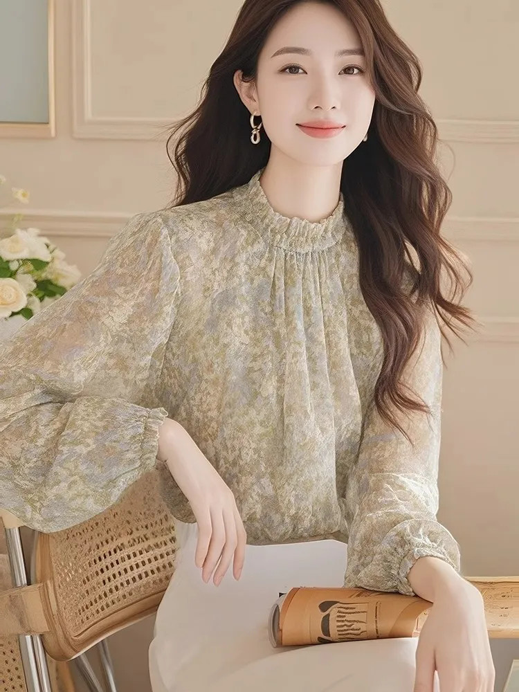 Women Formal Blouses For Evening Wear - 長袖シャツ レディース サテン プリーツ ボタンダウン トップス