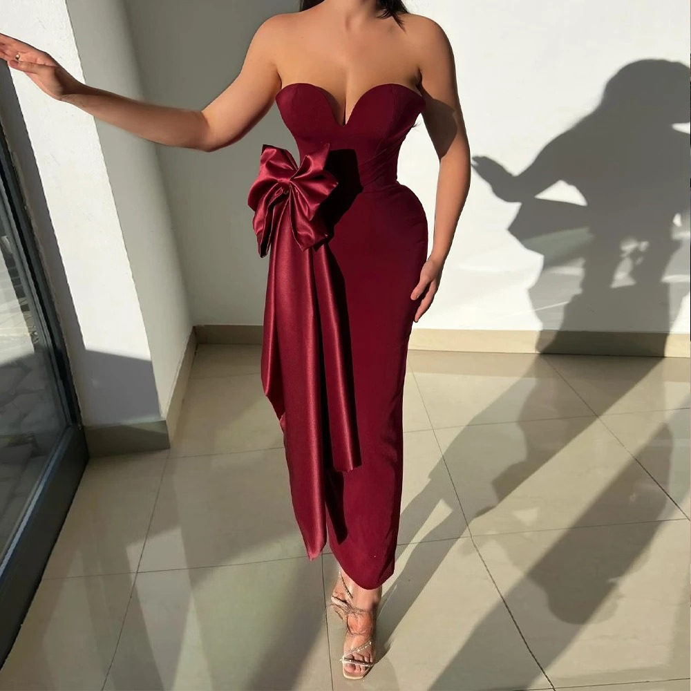 Women Formal Wear Dubai - ファンシーちょう結びプロムドレス ストラップレス プリーツ シース アンクル丈 女性用