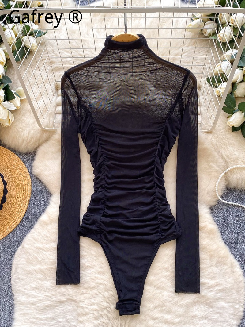 Turtleneck Bodysuit Office - セクシーなグレーメッシュのルーシュドボディスーツ レディース 2026年春 シースルータートルネック長袖トップス クラブウェア ベースジャンプスーツ