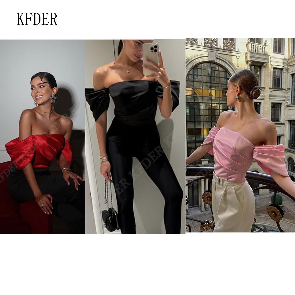 Women Formal Blouses For Evening Wear - オフショルダーサテンブラウス女性エレガントなドレープフォールドパフスリーブストラップレストップ高級ソリッドカラーパーティーイブニングフォーマルウェアシャツ