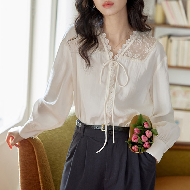 Women Formal Blouses For Evening Wear - 長袖シャツ レディース サテン スタンドカラー リラックスフィット プリーツ袖