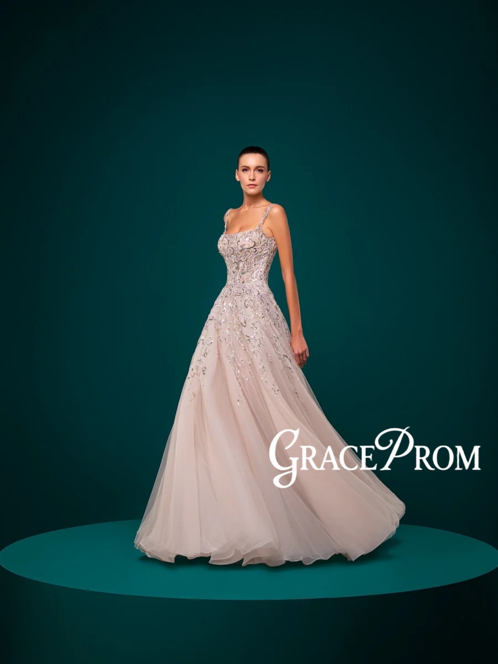 Women Formal Wear Dubai - エレガントなスクエアネックイブニングドレスドバイ A ラインビーズスパンコールカスタマイズされたプロムドレスブラッシュピンク魅力的な宴会女性着用