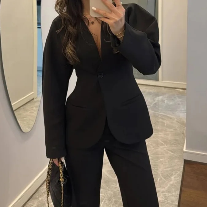 Women Formal Wear With Tie - 2025年新作 レディース ブラック Vネック ウエストタイ パンツスーツ