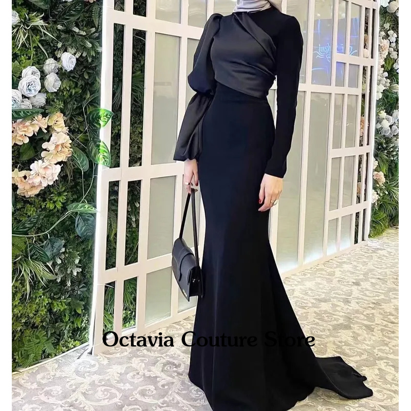 Women Formal Wear Dubai - サウジアラビアの女性はイブニングパーティー用に黒のマーメイドドレスを着ます、シャーリング加工の長袖、ジッパーバック、ドバイプロム、トランペットガウン