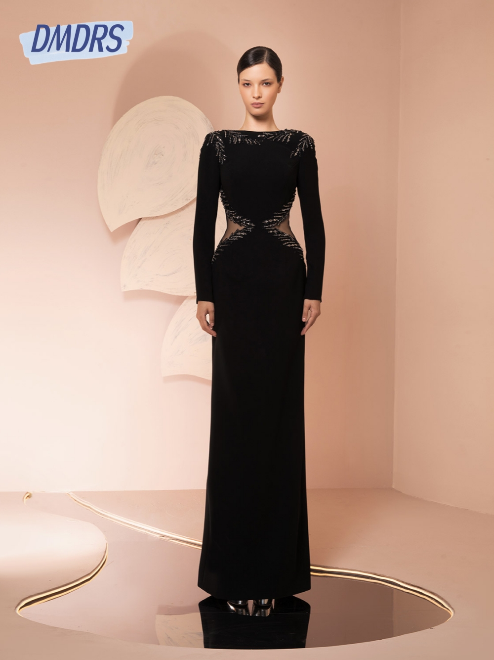 Women Formal Wear Dubai - 黒カットアウトイブニングドレス上品なボートネックストレート長袖ウエディングドレスファッショナブルな女性ドバイカスタマイズされた摩耗