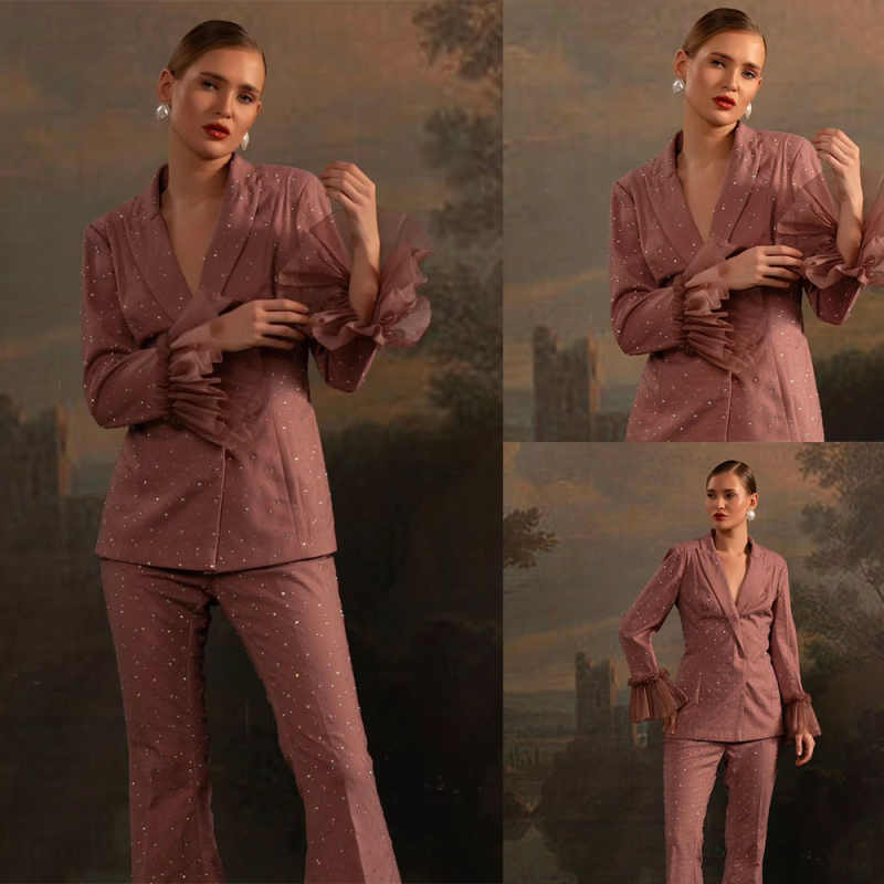 Women Formal Wear With Tie - ビーズ女性ブレザーセットカスタマイズされた 2 ピースダブルブレストジャケットセットレディースパンツスーツフォーマル結婚式のゲストの摩耗