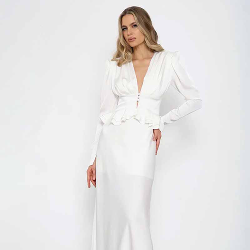Women Formal Wear White Shirt - 女性用ホワイトシャツ、ディープVネック、長袖、ラッフルヘム、Tシャツ、ボタン付き、ウエストシンチ、ペプラムトップ、エレガントなサマーパーティー、フォーマルウェア ﻿
