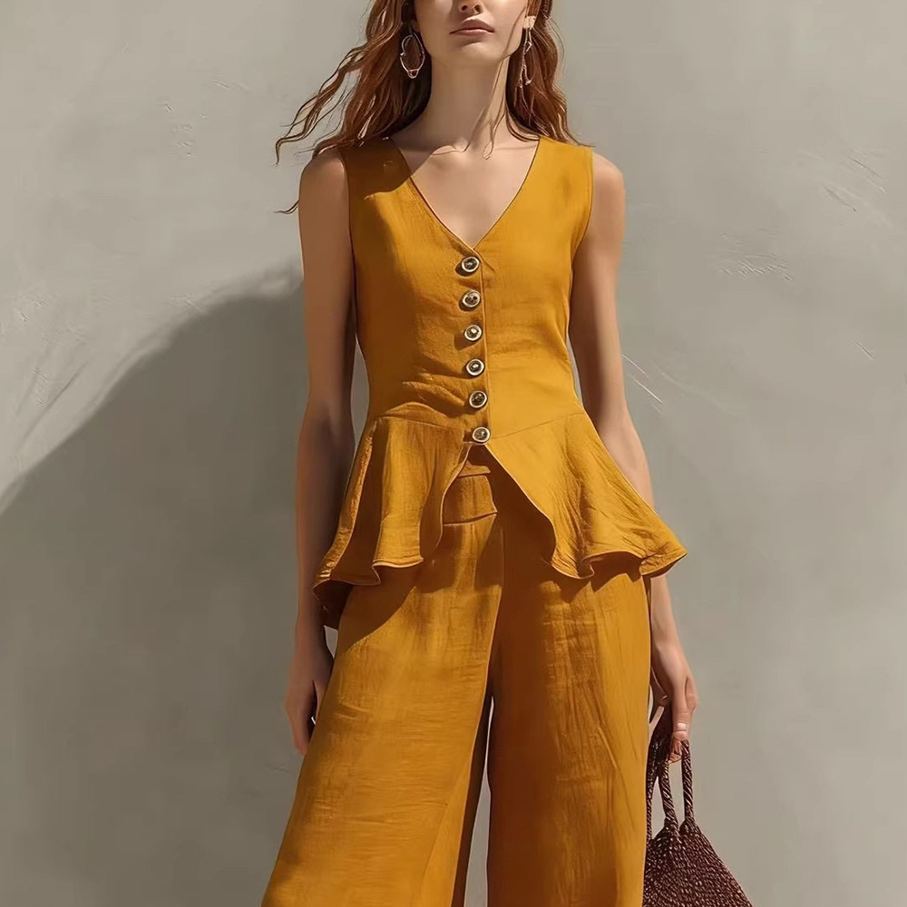 Women Formal Blouses For Evening Wear - レディースヴィンテージ風エレガントラッフルトリム2点セットアップ ノースリーブシックブラウス フレアヘムパラッツォパンツ オフィスウェア バケーションセット