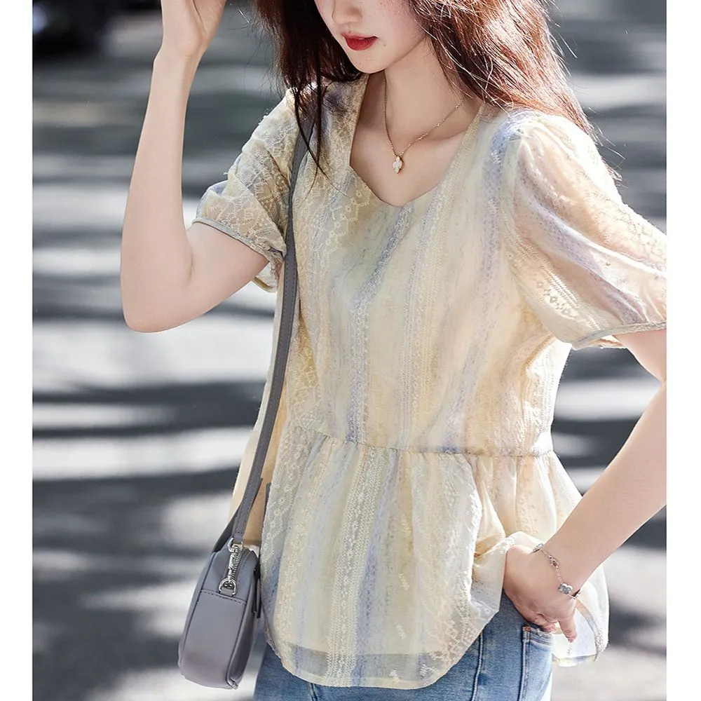 Women Formal Blouses For Evening Wear - 女性韓国スタイルルーズパフスリーブレースブラウスショートプルオーバートップ花柄プリント付き夏のオフィスレディ着用