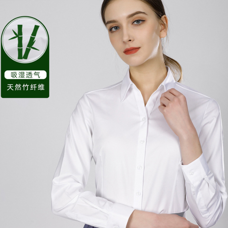 Women Formal Wear White Shirt - 新素材竹繊維レディース長袖ビジネスフォーマルウェアノンアイロン防しわ女性用シャツ半袖夏用白シャツ