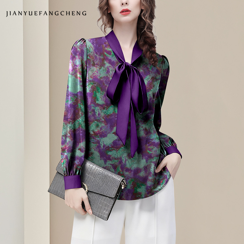 Women Formal Blouses For Evening Wear - パープルの花柄エレガントサテンブラウス レディース ヴィンテージ風 オフィスウェア ゆったり カジュアル