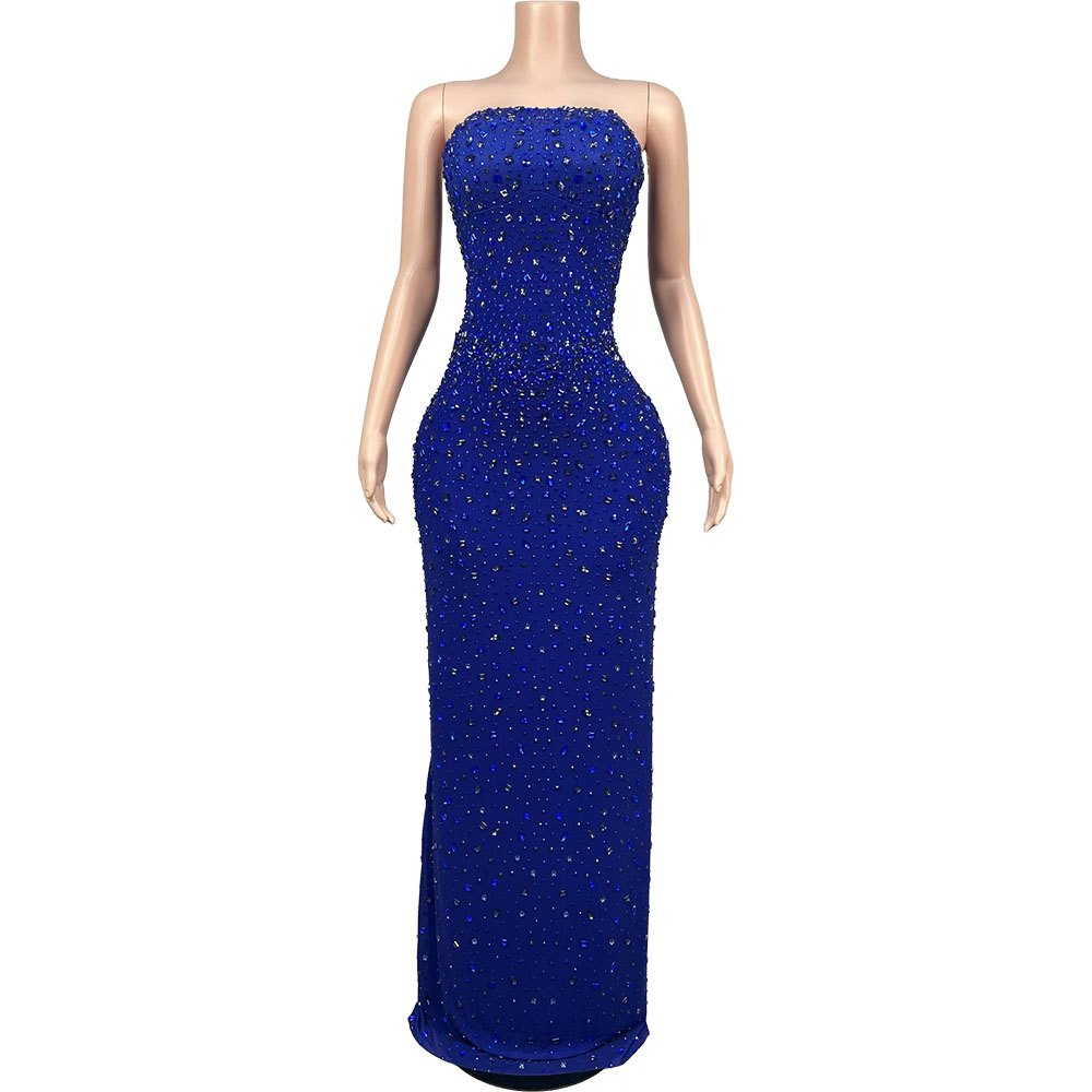 Formal Gala Wear Women - キラキラ輝くラインストーンブルーストラップレスイブニングドレスガラプロムレッドカーペットエレガントフォーマルドレスクリスタルラグジュアリーセクシーステージウェア