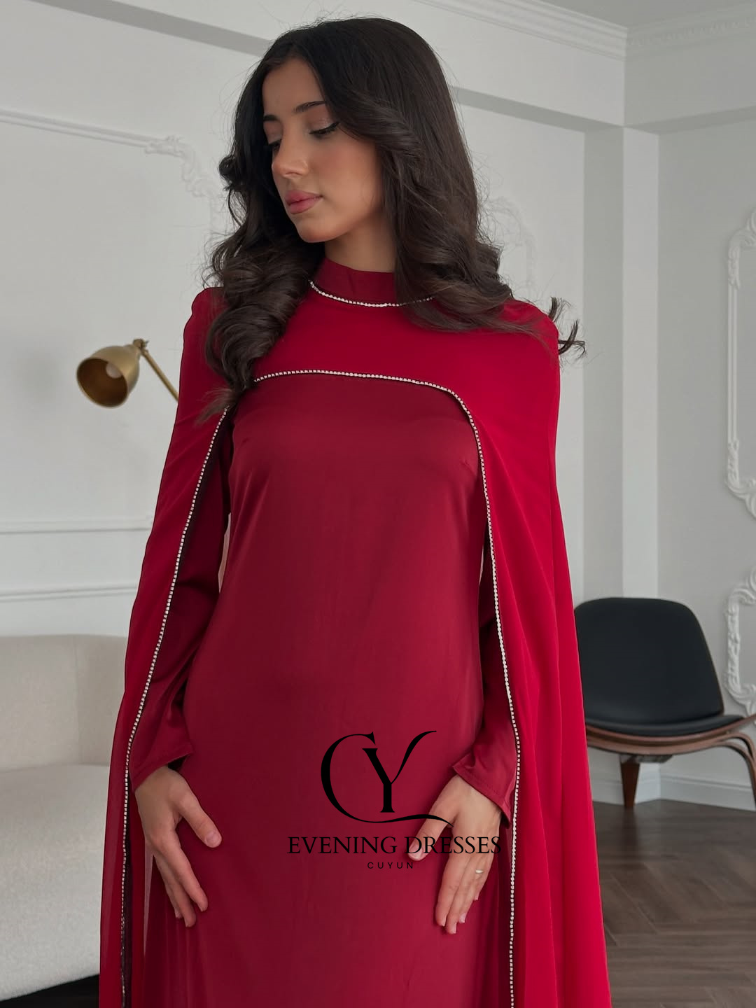 CUYUN レッドサウジ女性用イブニングドレス、ショール付き - Women Formal Wear Dubai のレビューと価格
