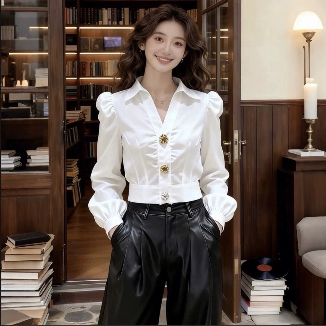 エレガントな白いVネックブラウス、女性用パフスリーブボタンシ - Women Formal Wear White Shirt のレビューと価格