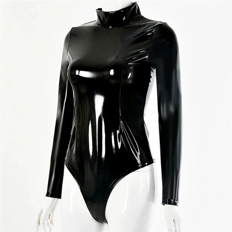 レディースフェイクラテックス PVC ミラープリントレオター - Turtleneck Bodysuit Office のレビューと価格