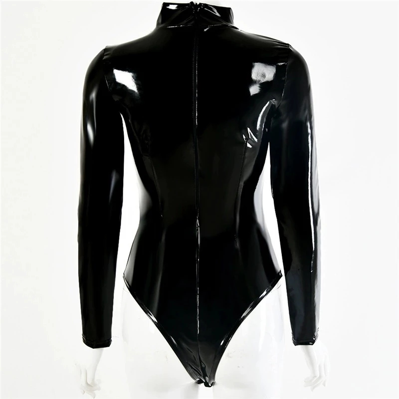 レディースフェイクラテックス PVC ミラープリントレオター - Turtleneck Bodysuit Office のレビューと価格