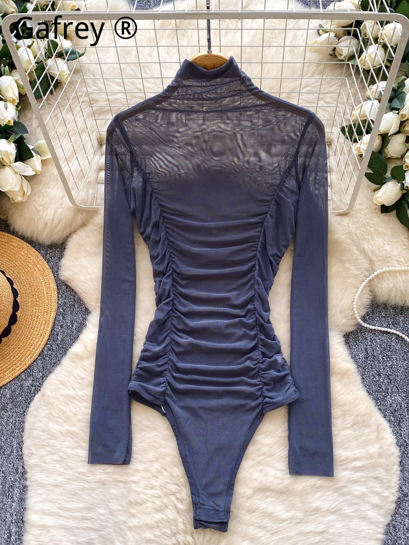 セクシーなグレーメッシュのルーシュドボディスーツ レディース - Turtleneck Bodysuit Office のレビューと価格