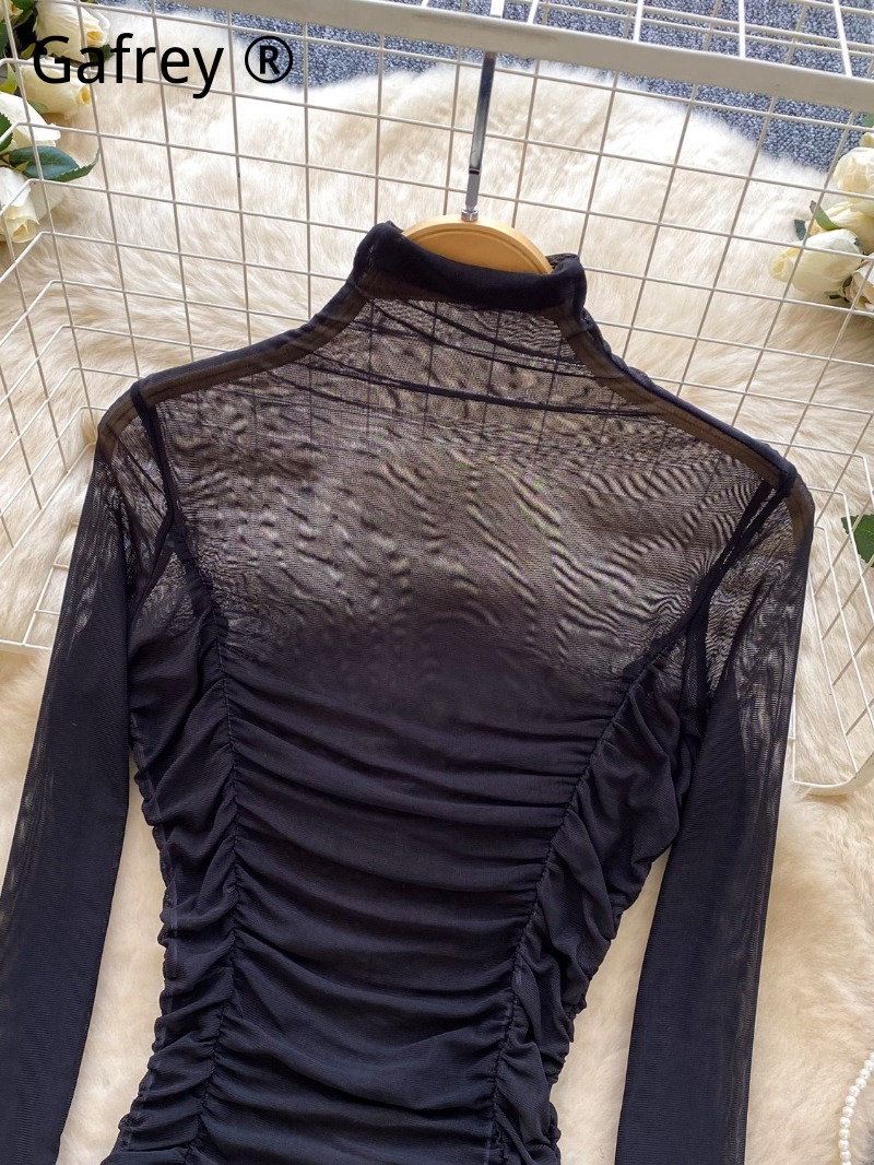 セクシーなグレーメッシュのルーシュドボディスーツ レディース - Turtleneck Bodysuit Office のレビューと価格