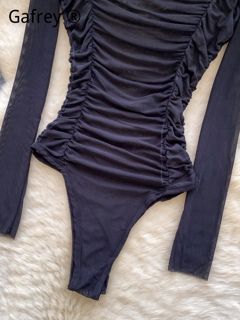 セクシーなグレーメッシュのルーシュドボディスーツ レディース - Turtleneck Bodysuit Office のレビューと価格