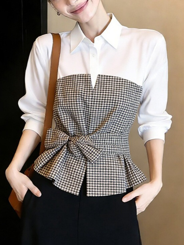 新しい白黒ギンガムチェックパッチワークブラウス、襟付き長袖、 - Women Formal Wear White Shirt のレビューと価格