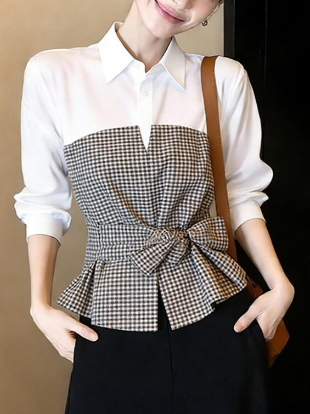 新しい白黒ギンガムチェックパッチワークブラウス、襟付き長袖、 - Women Formal Wear White Shirt のレビューと価格