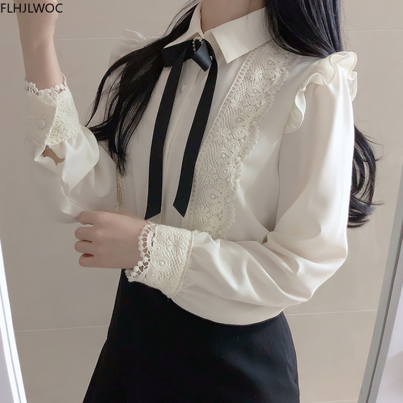 フリル秋春の基本的なオフィスレディ作業服女性シングルブレスト - Women Formal Wear White Shirt のレビューと価格