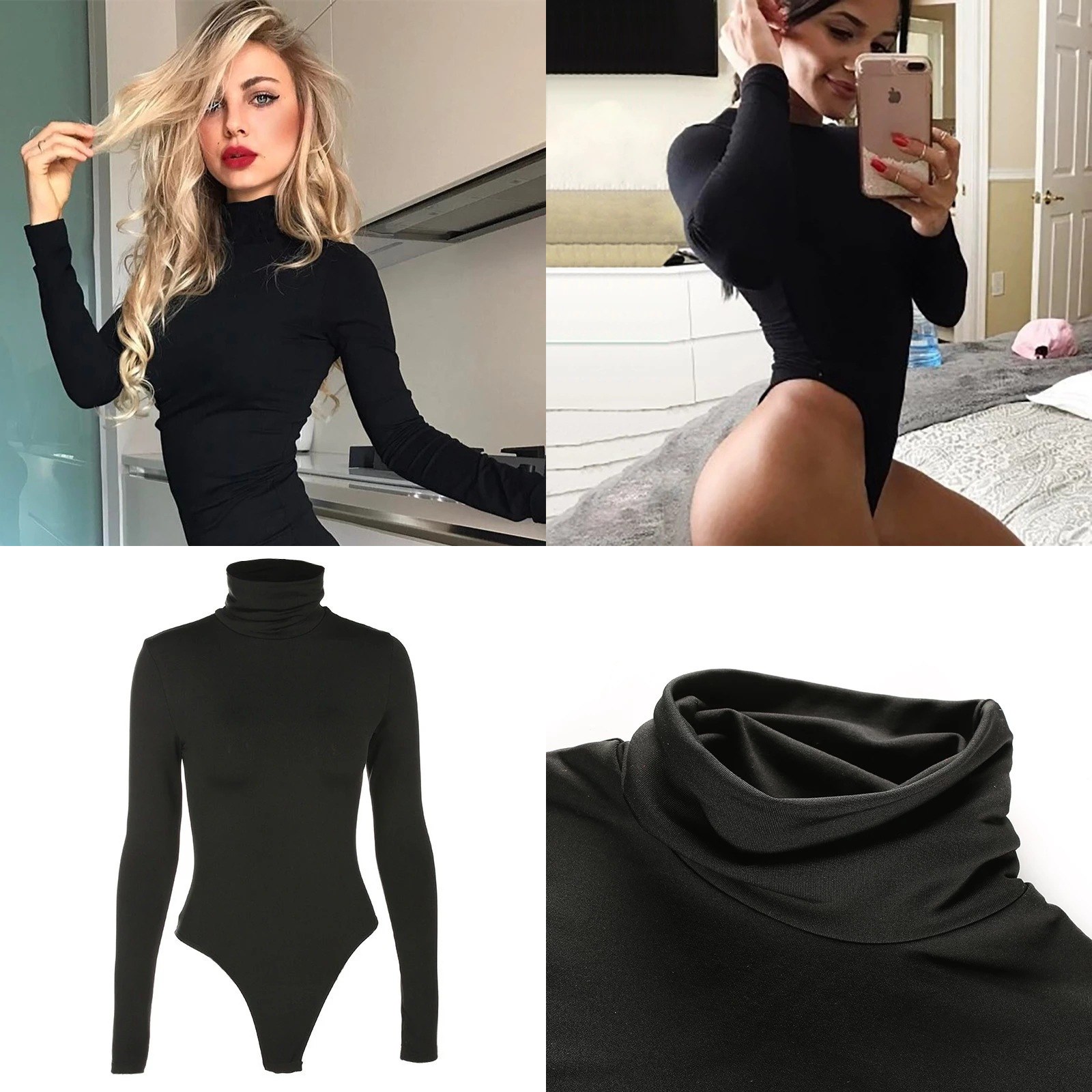 タートルネックボディスーツ レディース 長袖 無地 ベーシッ - Turtleneck Bodysuit Office のレビューと価格