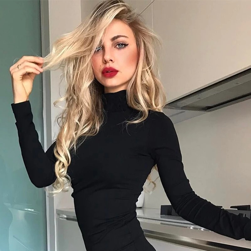 タートルネックボディスーツ レディース 長袖 無地 ベーシッ - Turtleneck Bodysuit Office のレビューと価格