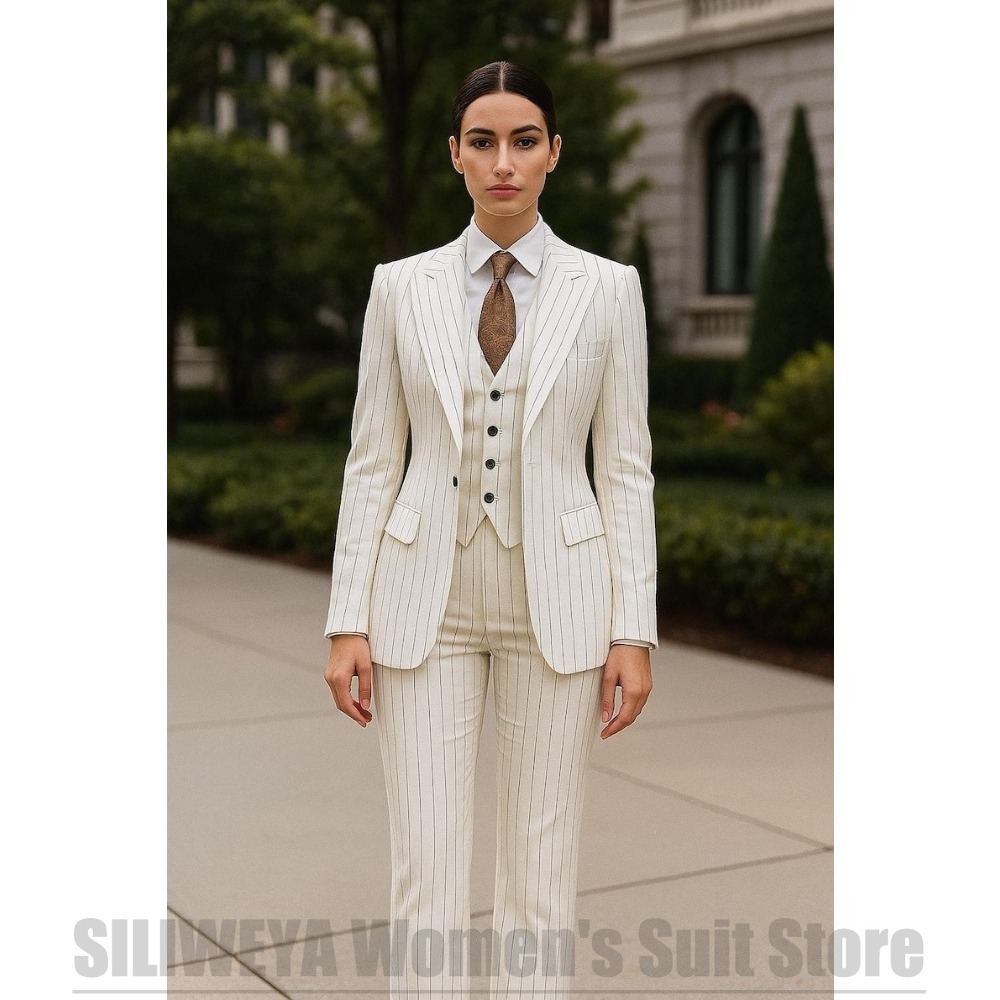 白のストライプ柄レディーススーツ3点セット、シックなピークド - Women Formal Wear White Shirt のレビューと価格