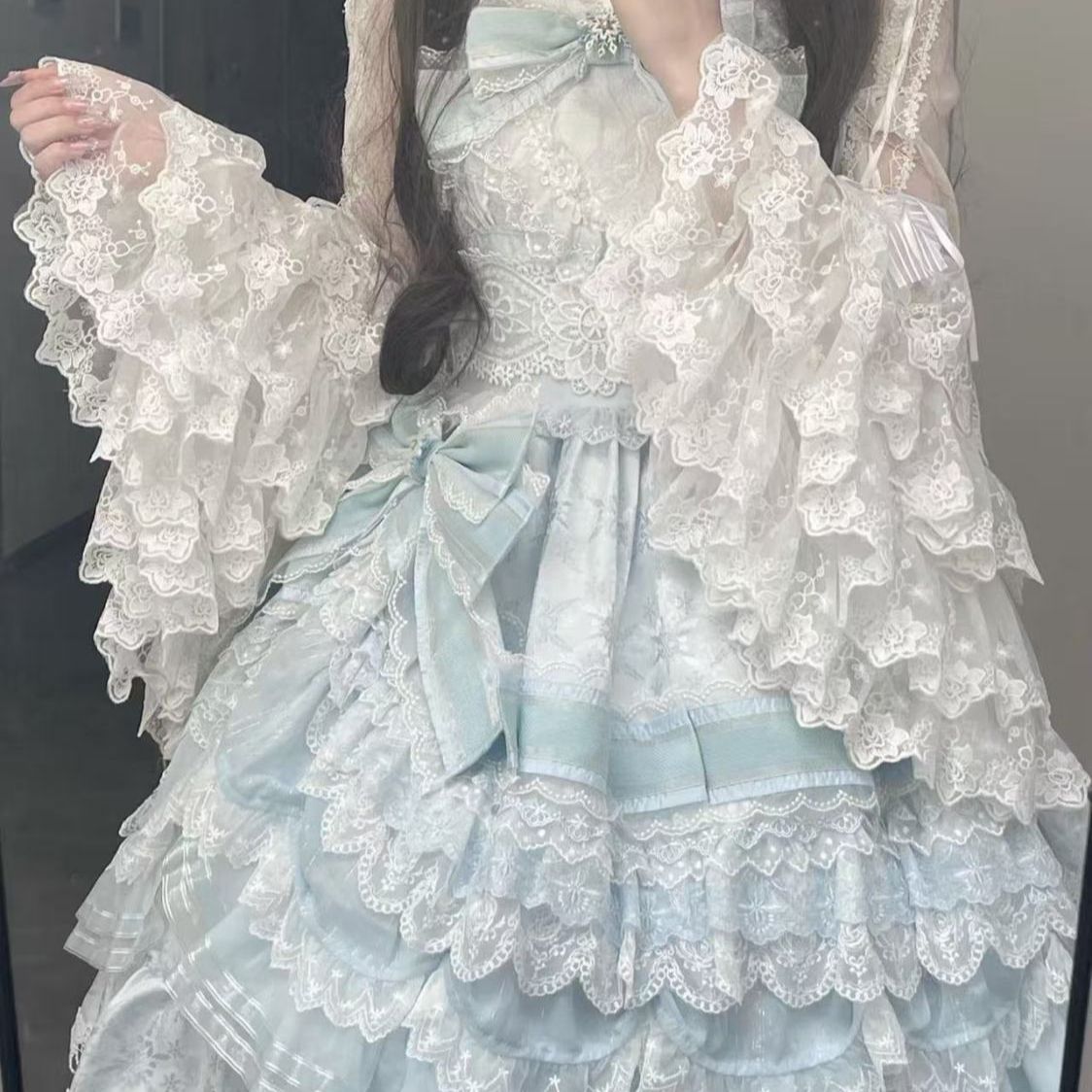 スイートロリータブラウスレーストリム袖襟蝶ネクタイヴィンテー - Women Formal Blouses For Evening Wear のレビューと価格