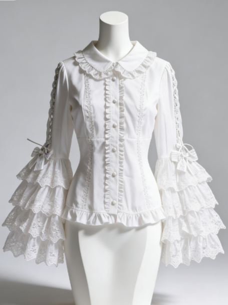 スイートロリータブラウスレーストリム袖襟蝶ネクタイヴィンテー - Women Formal Blouses For Evening Wear のレビューと価格