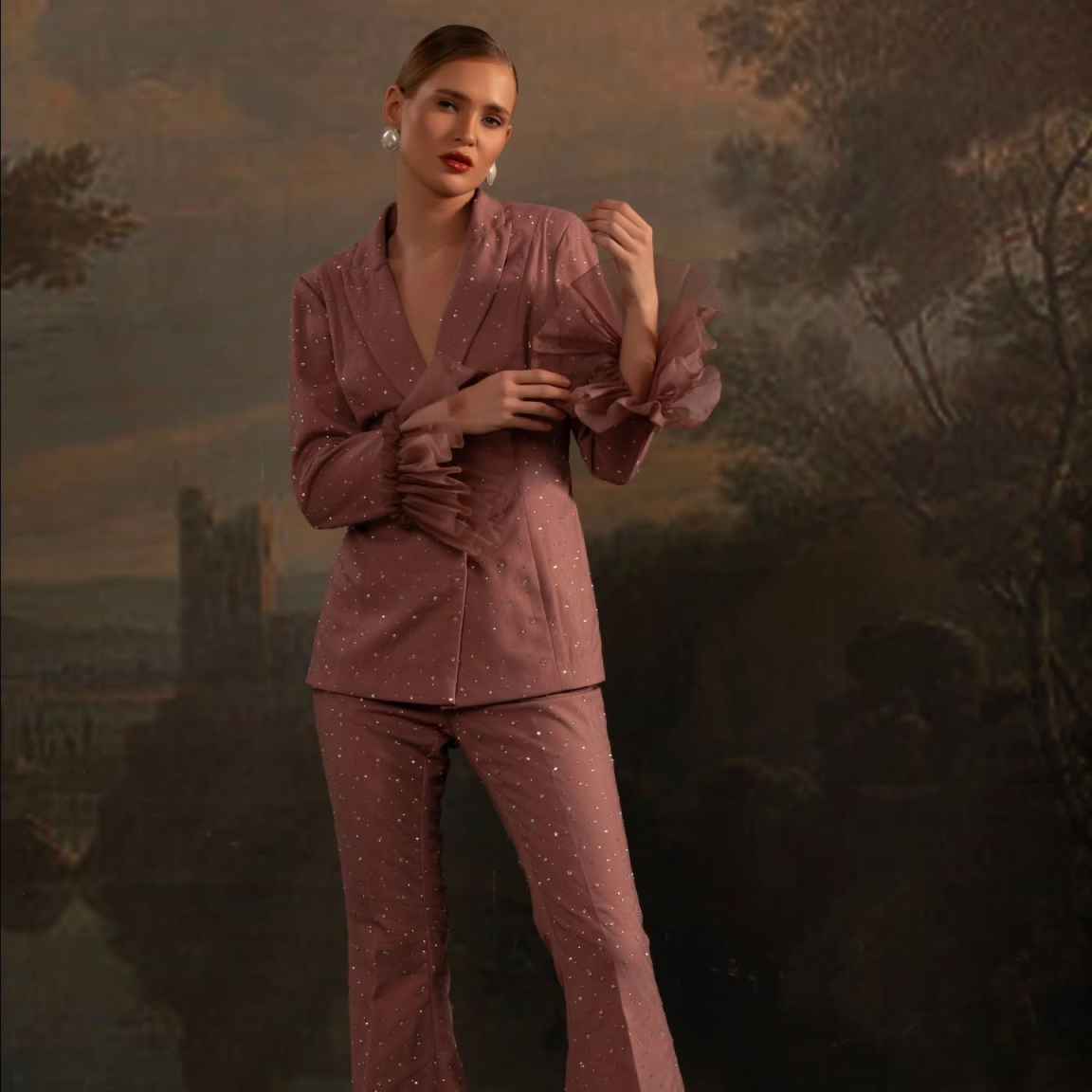 ビーズ女性ブレザーセットカスタマイズされた 2 ピースダブル - Women Formal Wear With Tie のレビューと価格