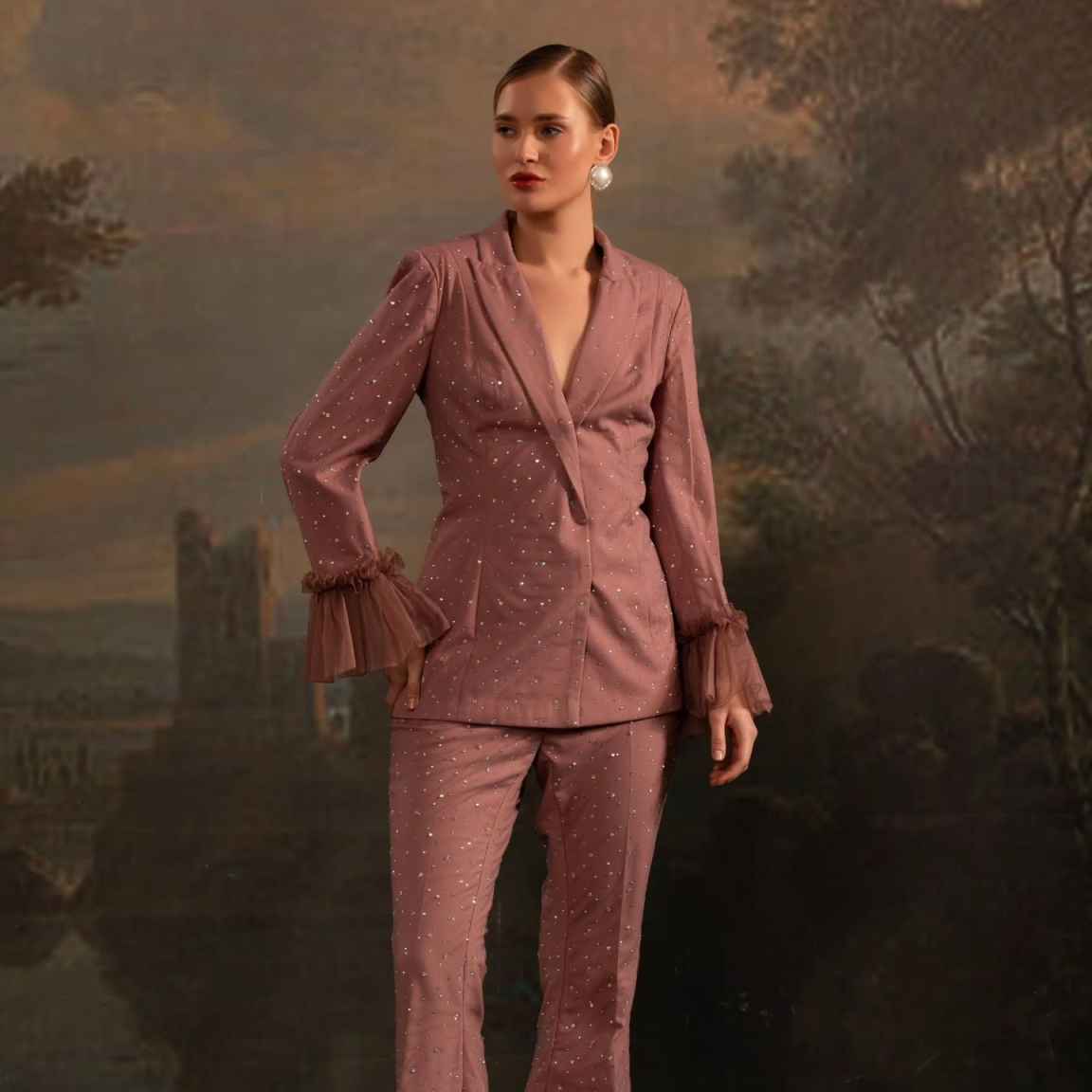 ビーズ女性ブレザーセットカスタマイズされた 2 ピースダブル - Women Formal Wear With Tie のレビューと価格