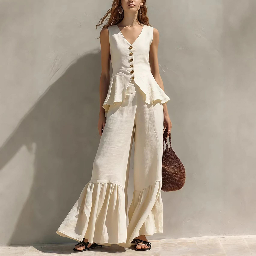 レディースヴィンテージ風エレガントラッフルトリム2点セットア - Women Formal Blouses For Evening Wear のレビューと価格
