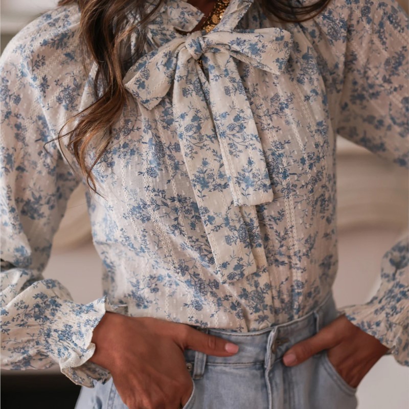 婦人服ボウファッションプリント花柄ネクタイ長袖トップ婦人夏の - Women Formal Wear With Tie のレビューと価格