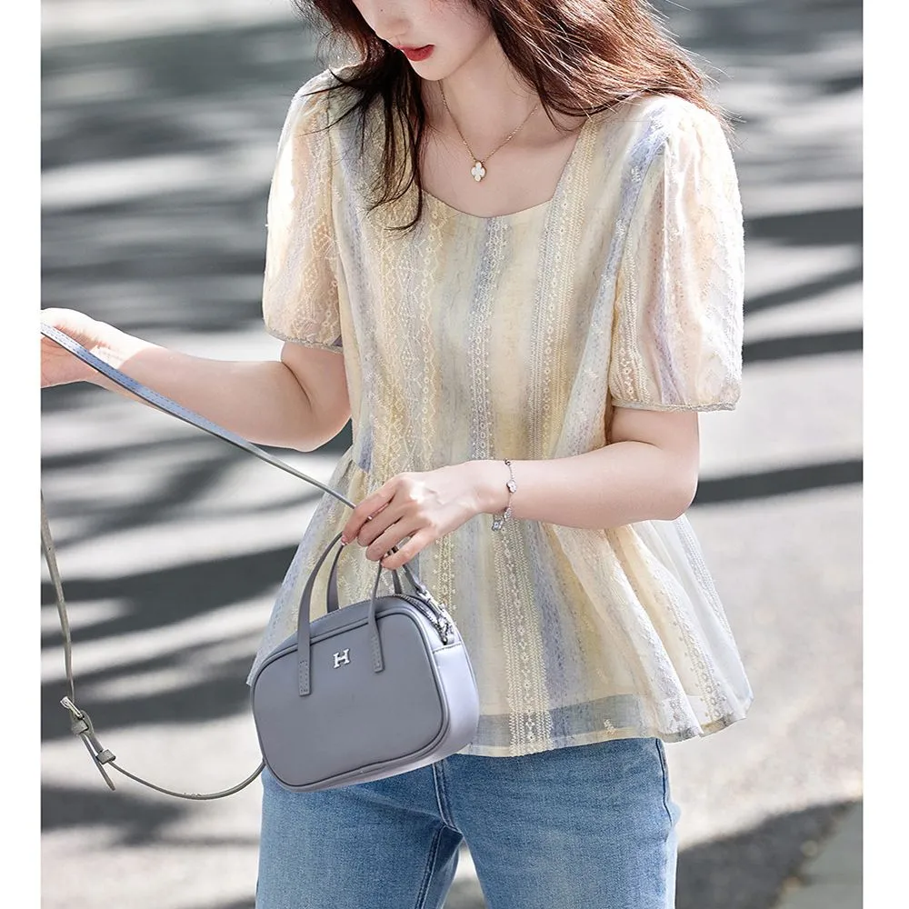 女性韓国スタイルルーズパフスリーブレースブラウスショートプル - Women Formal Blouses For Evening Wear のレビューと価格
