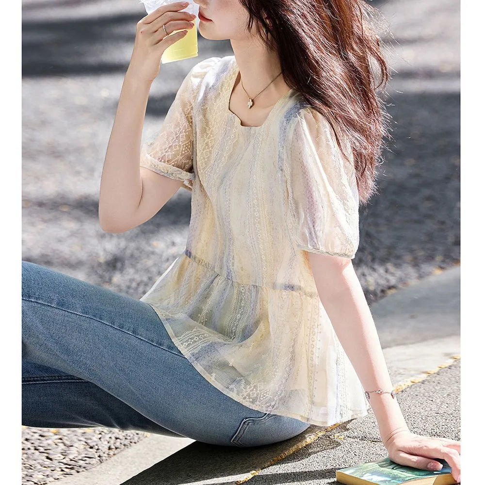 女性韓国スタイルルーズパフスリーブレースブラウスショートプル - Women Formal Blouses For Evening Wear のレビューと価格