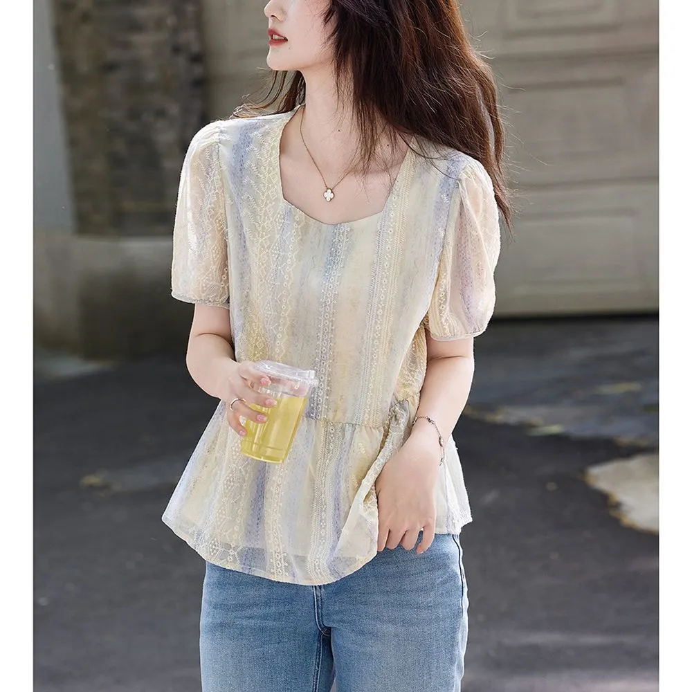 女性韓国スタイルルーズパフスリーブレースブラウスショートプル - Women Formal Blouses For Evening Wear のレビューと価格