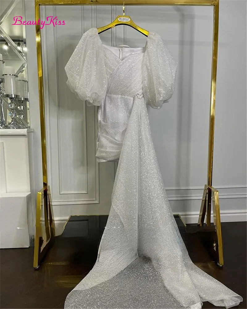 シマーショートウェディングドレスパフスリーブ恋人グリッターモ - Women Formal Wear Dubai のレビューと価格